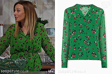 Andrea in Emmerdale green cherry blouse top Andrea in Emmerdale green cherry blouse top