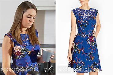 Sienna blue floral dress worn on Hollyoaks