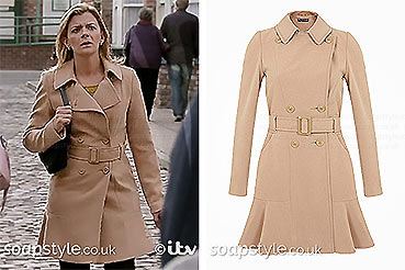 Leanne’s Beige Belted Coat in Coronation Street