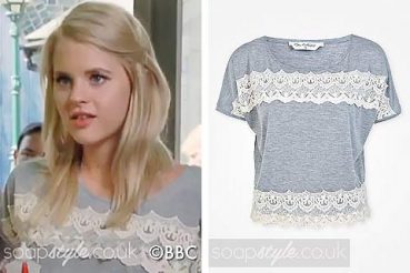 Lucy Beale in EastEnders grey lace t-shirt top Lucy Beale in EastEnders grey lace t-shirt top