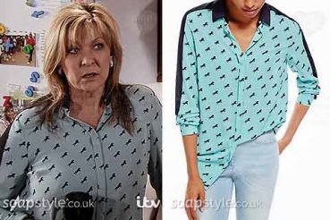 Erica in Coronation Street horse pattern blouse