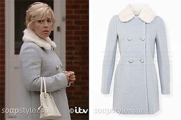 Julie Carp in Coronation Street blue coat Julie Carp in Coronation Street blue coat