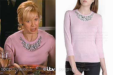 Julie Carp in Coronation Street pink jewel embellished jumper Julie Carp in Coronation Street pink jewel embellished jumper
