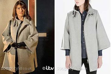 Linda in Coronation Street grey cape coat